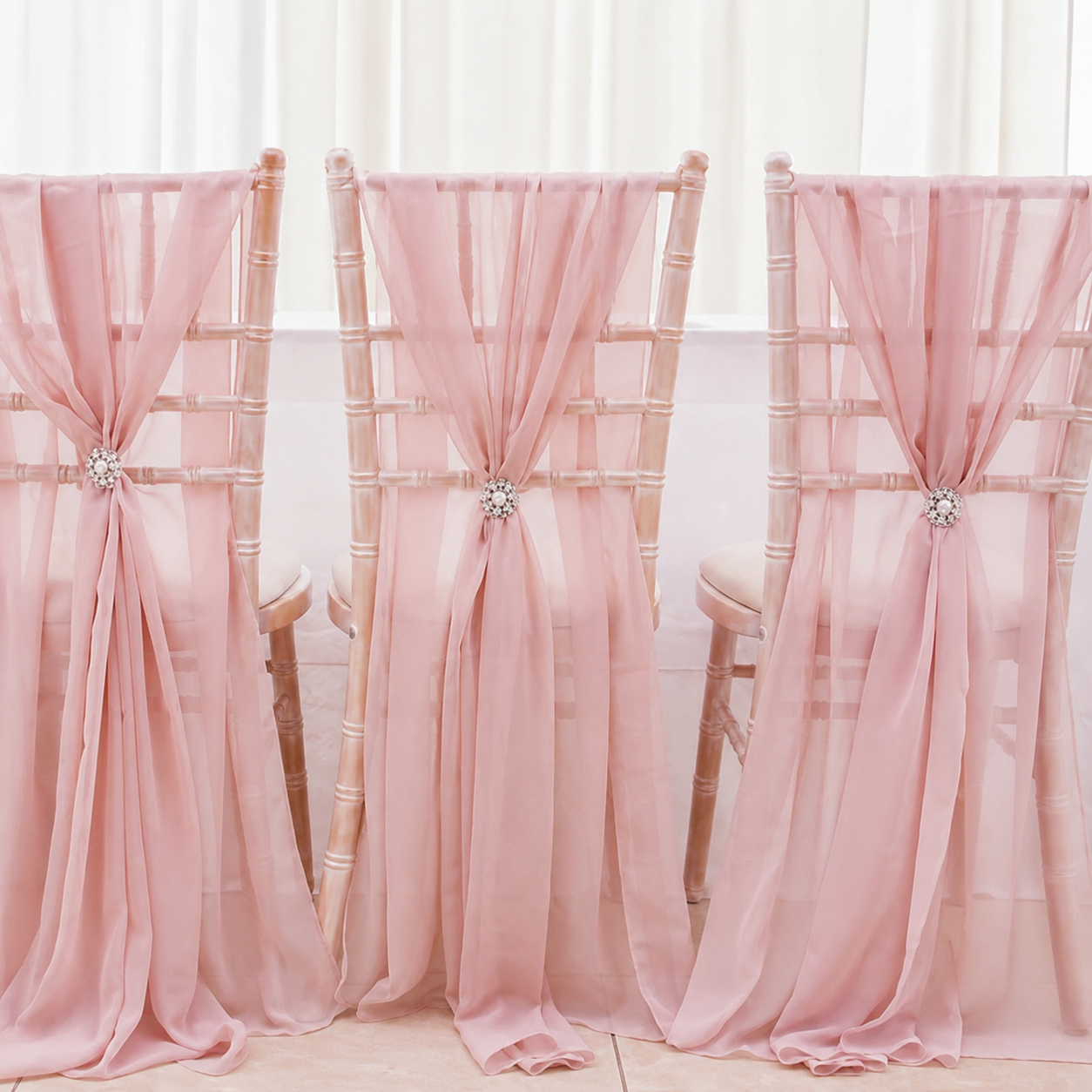 Blush Pink Chiffon Chair Sash with Brooch for Chiavari Chairs