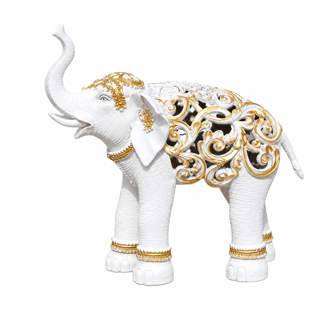 Royal White &amp; Gold Carved Elephant Statue Decor