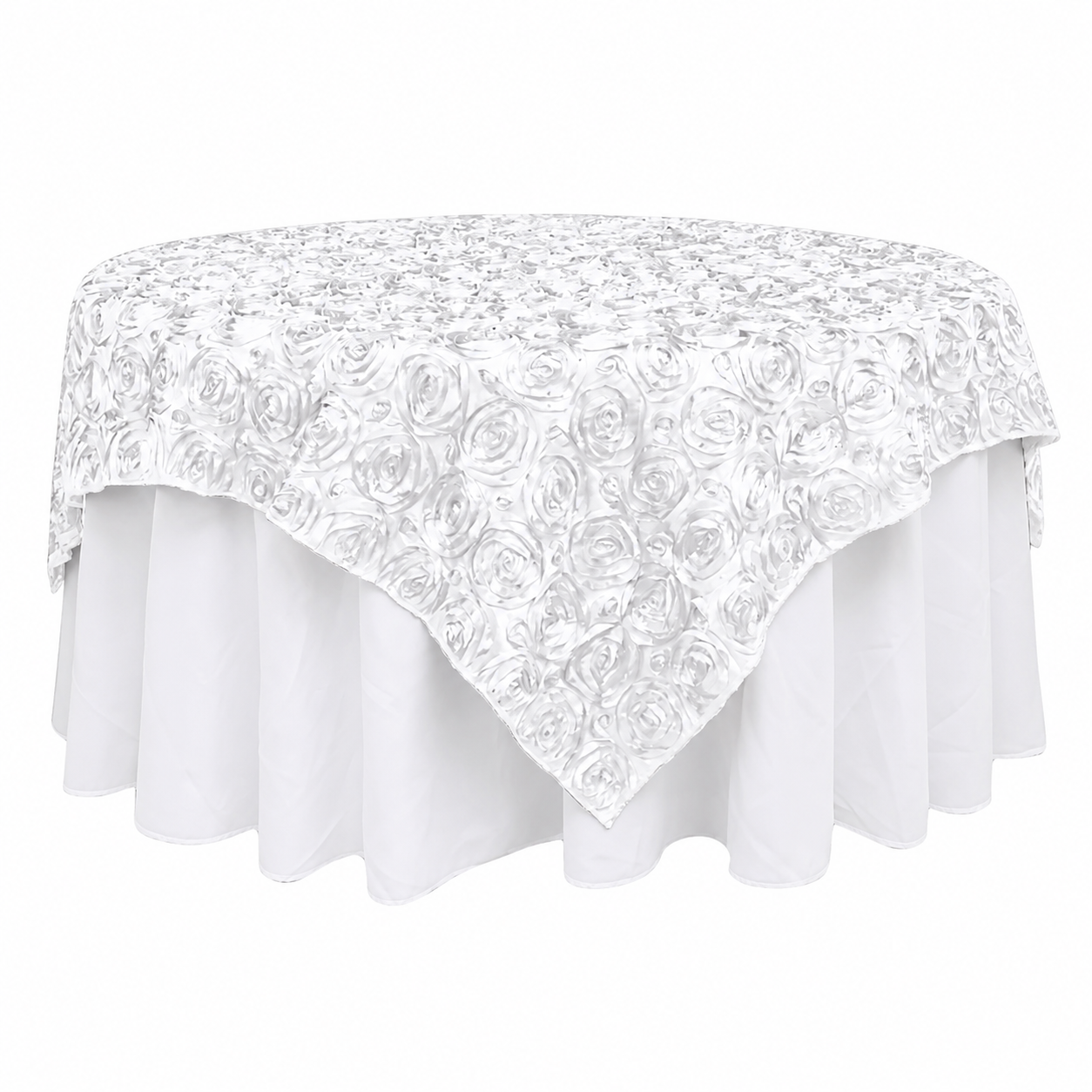 White Satin Square Table Overlay – Decorative Rosette Pattern for Events