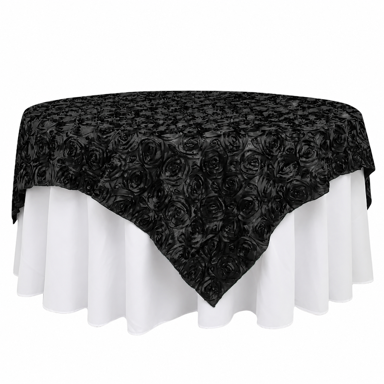 Black Satin Table Topper Raised Rosette Design for Sophisticated Events