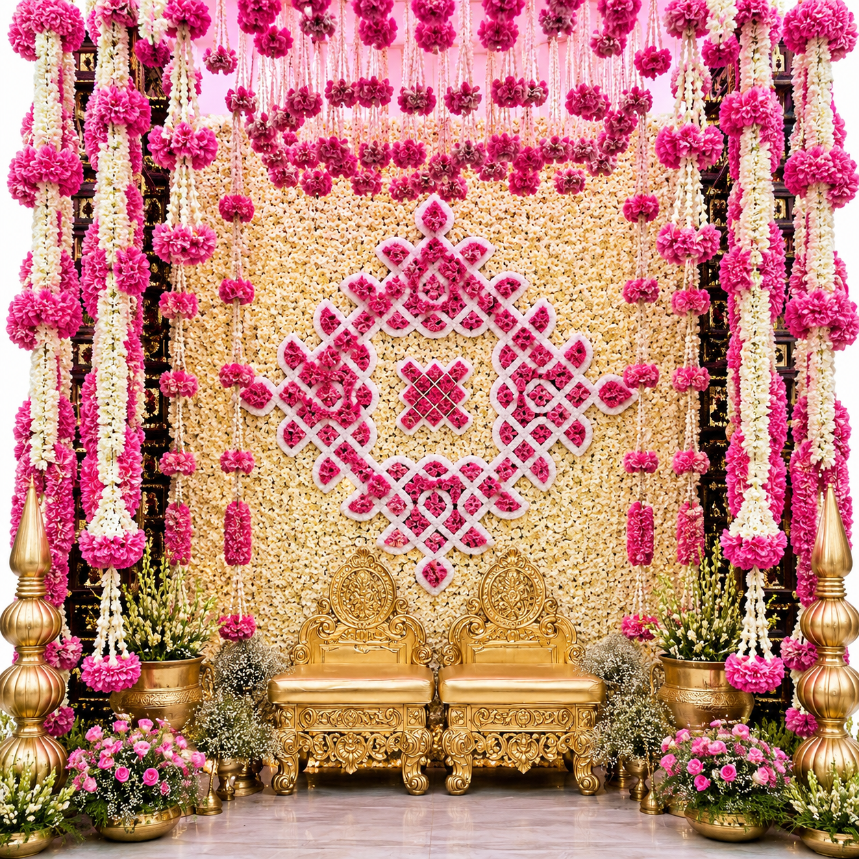 Luxury Floral Wedding Stage Backdrop with Royal Seating
