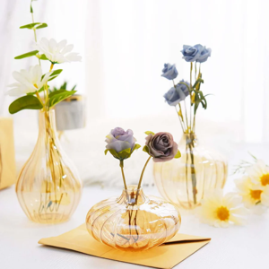 Assorted Sizes Gold Glass Ribbed Design Mini Flower Bud Vases Table Centerpiece
