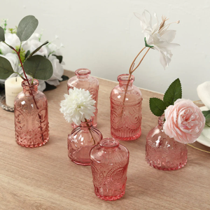 Set of 6 Embossed Glass Bud Vases Vintage Dusty Rose -  Table Centerpieces