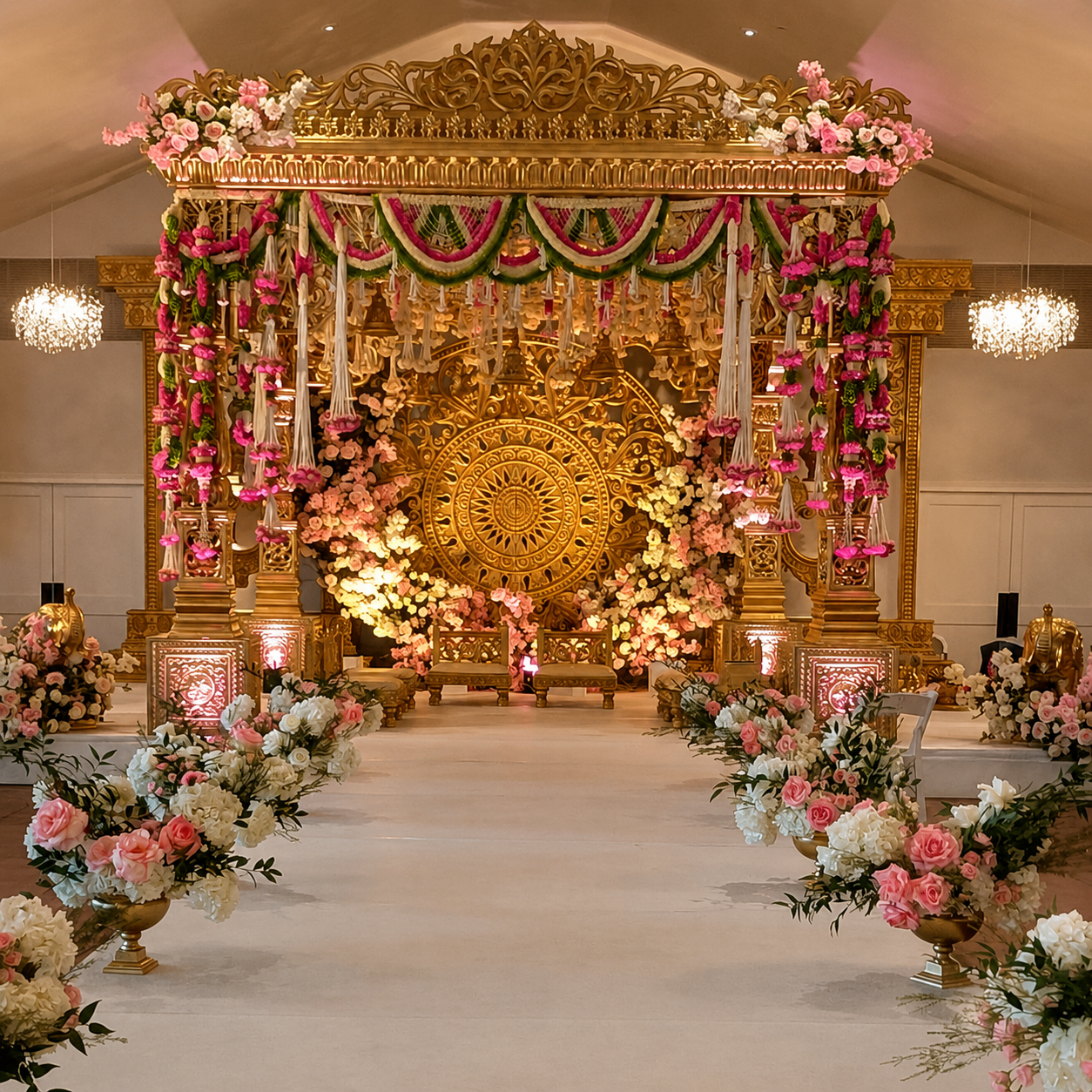 Luxury Golden Wedding Mandap with Floral Backdrop