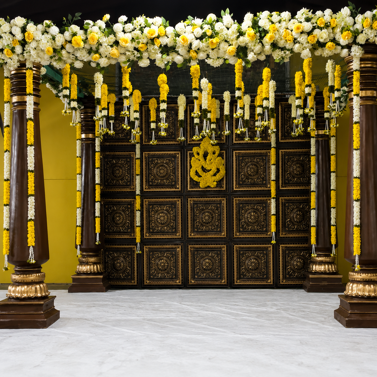 Traditional Wooden Wedding Mandap Backdrop with Floral Garlands
