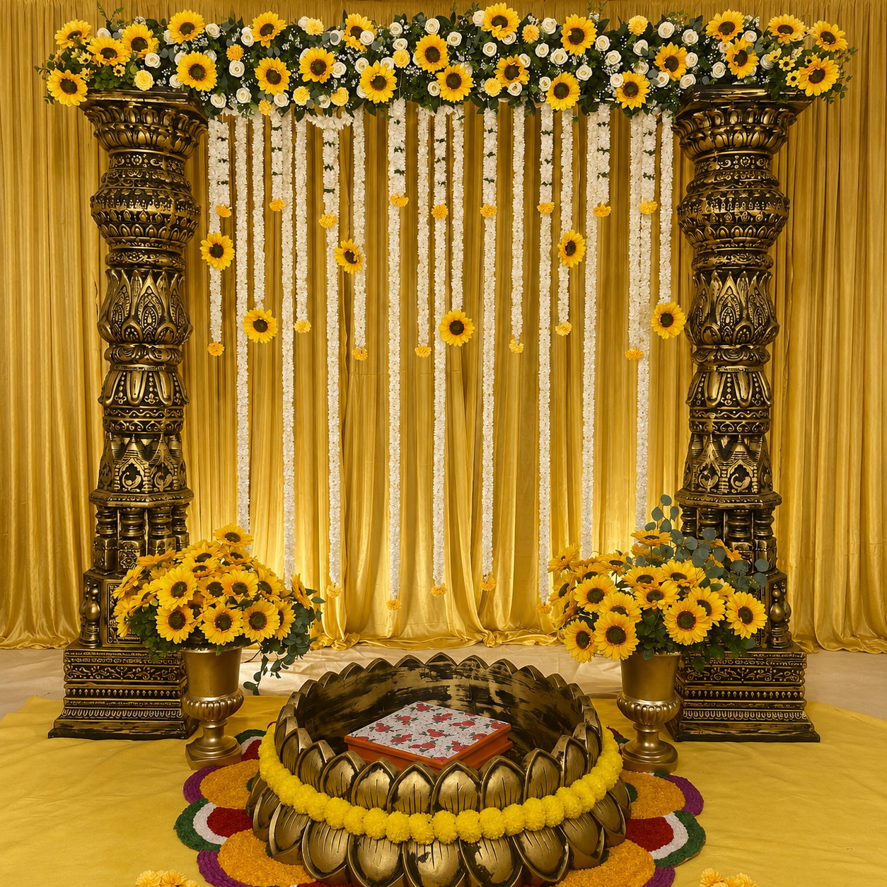 Sunflower Haldi Ceremony Backdrop with Ornamental Pillars