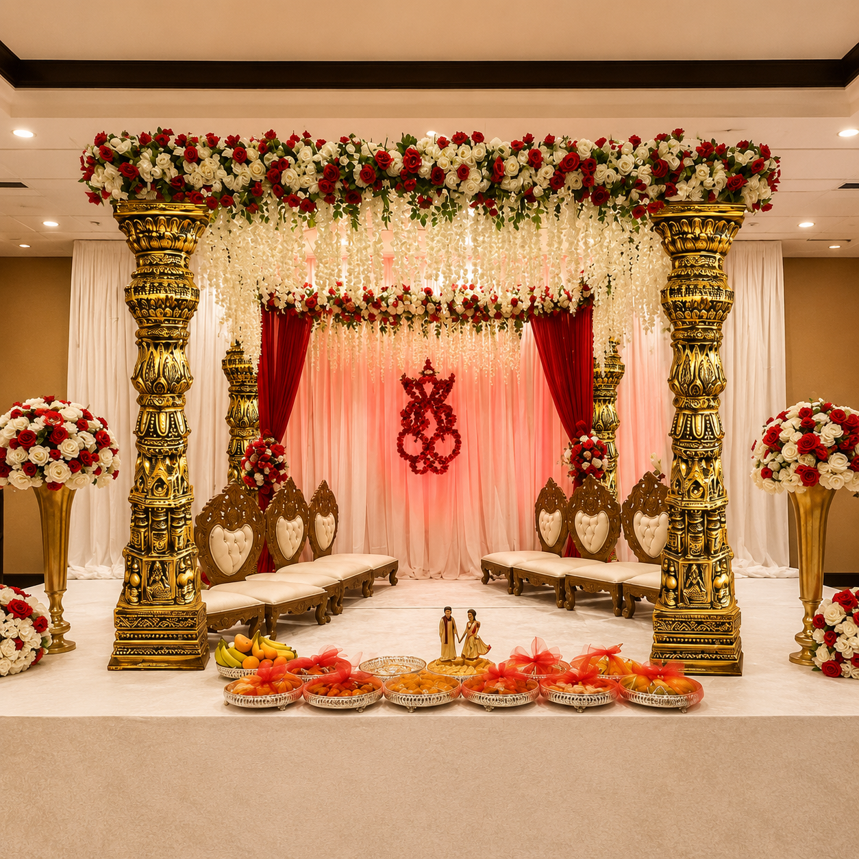 Royal Floral Engagement Mandap with Ornate Pillars