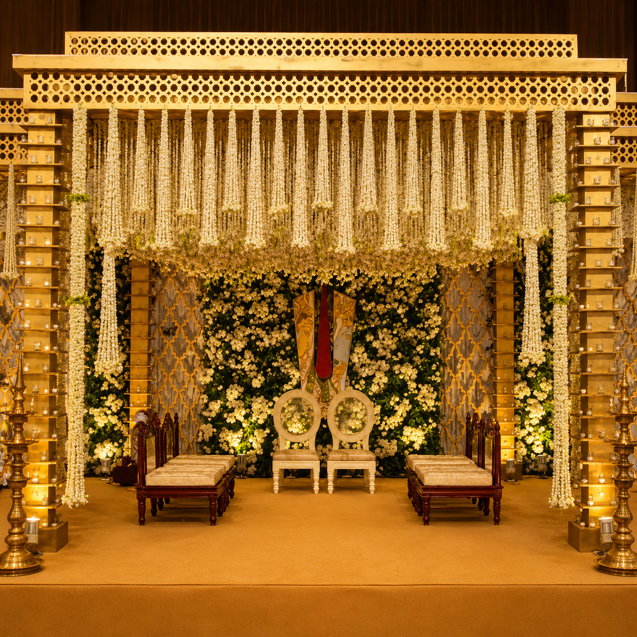 Luxury Jasmine Wedding Mandap with Floral Wall Backdrop