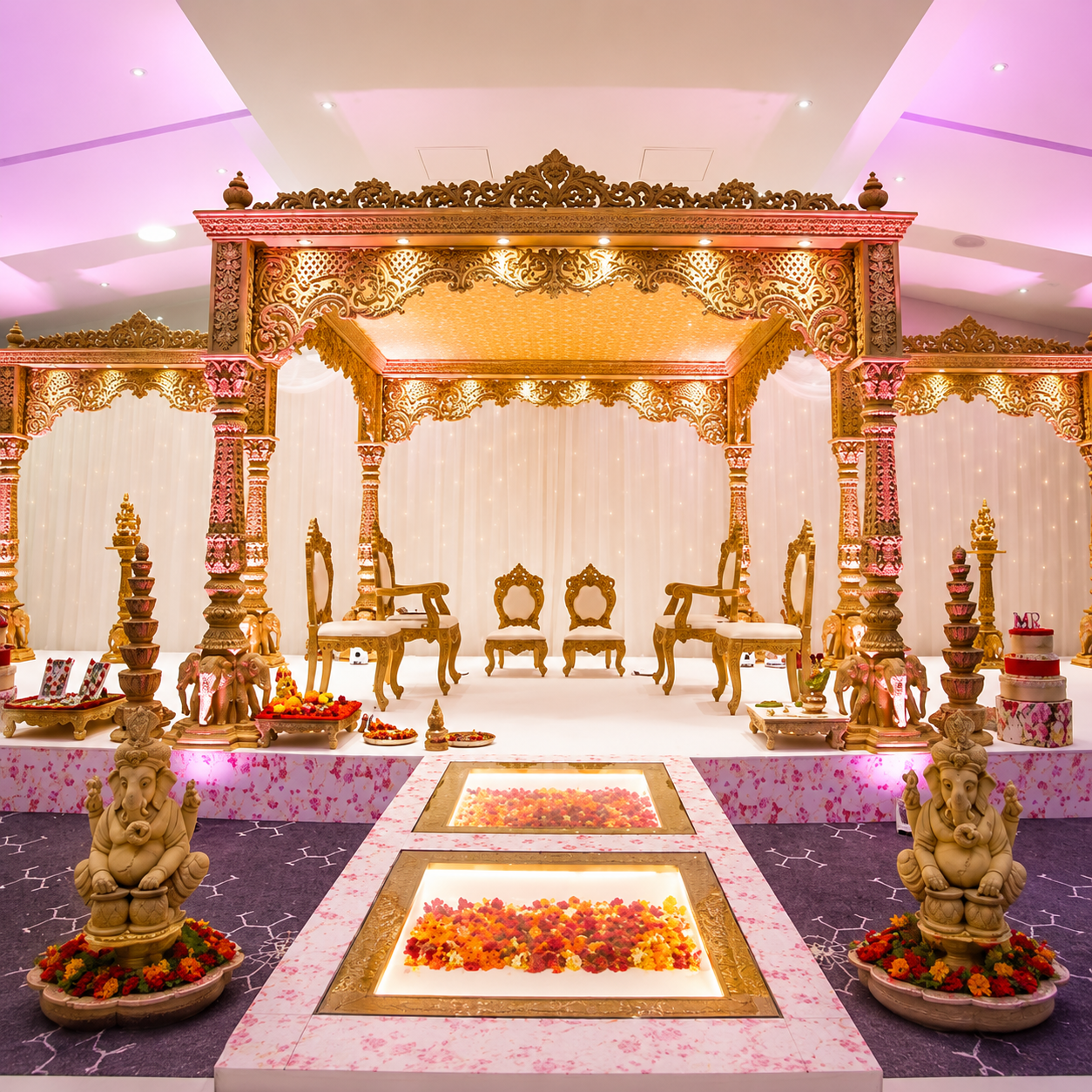 Royal Carved Wedding Mandap with Floral Aisle