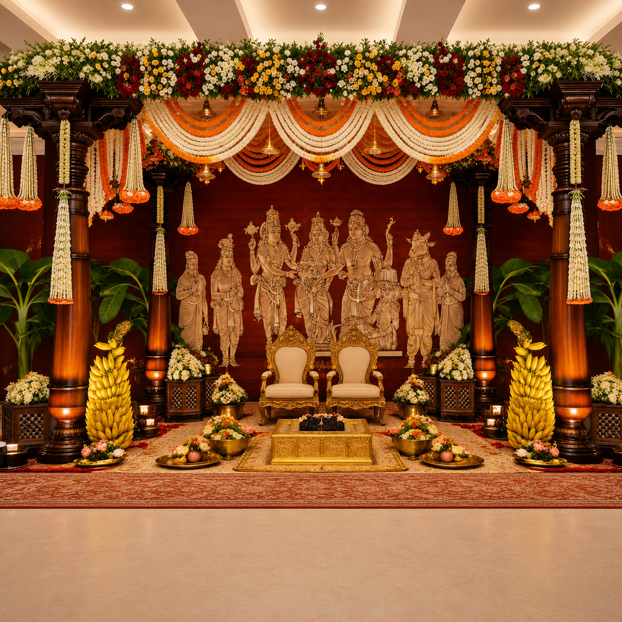 Traditional Wooden Wedding Mandap with Divine Ram Darbar Backdrop