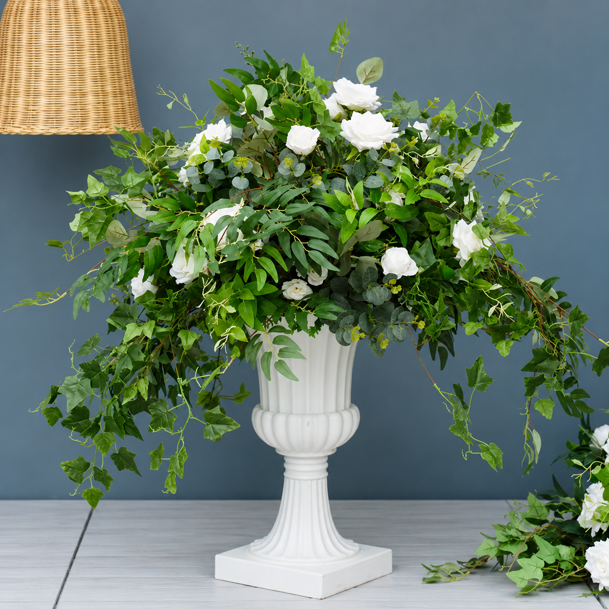 Artificial White Rose Floral Centerpiece Vase Arrangement