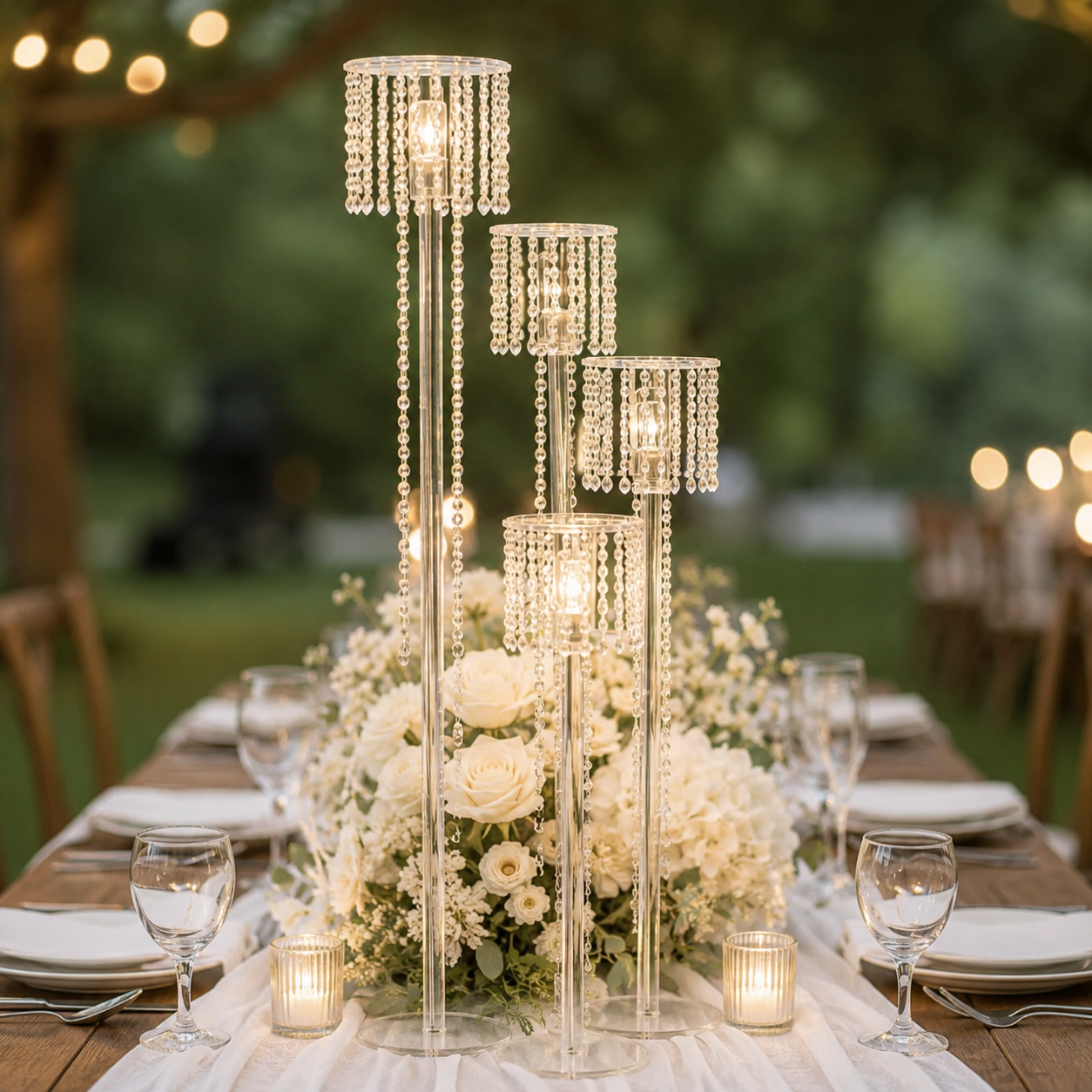 Crystal Pendant 4ft Gold Metal Candle Stand with Round Base