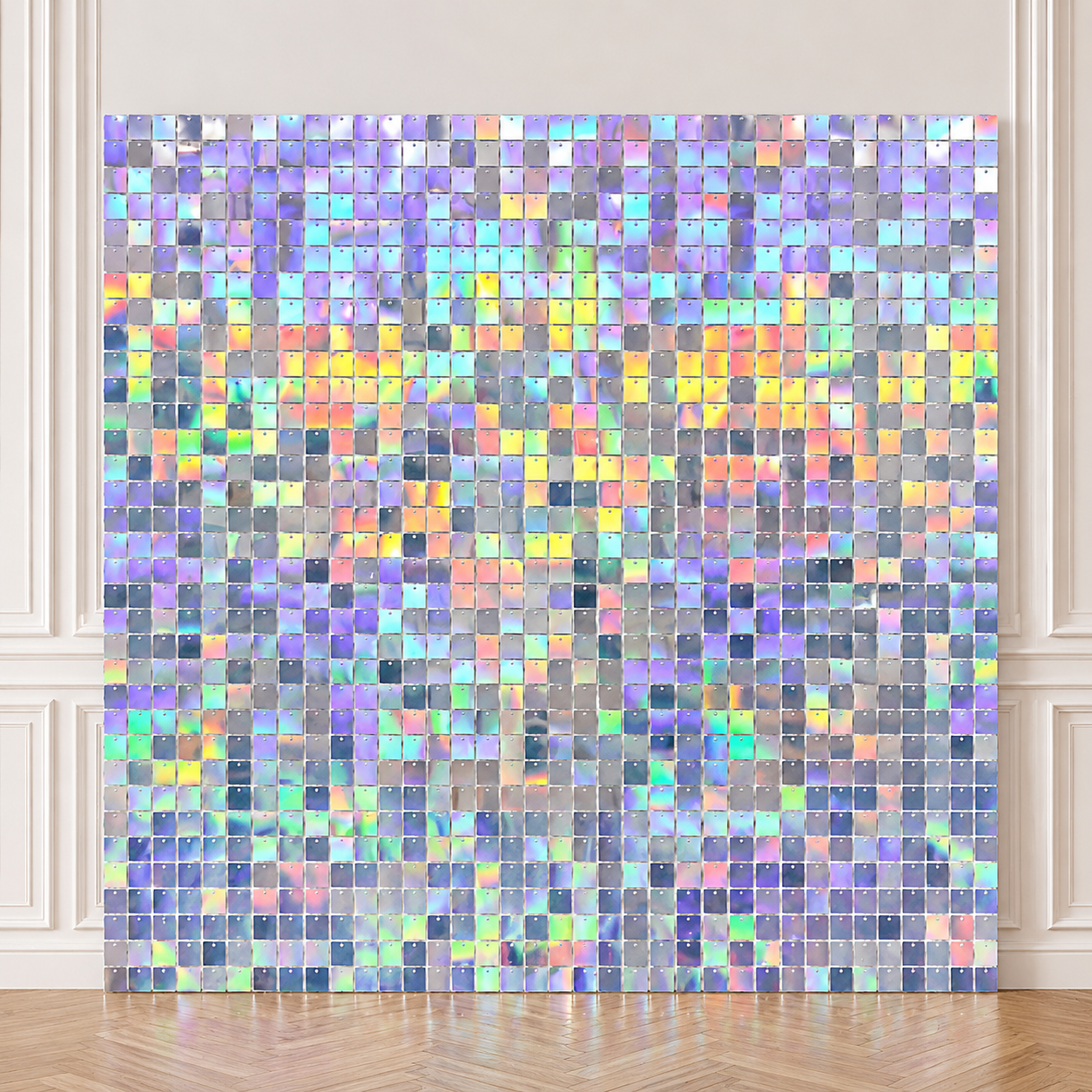 Iridescent Silver Shimmer Wall Backdrop with Rainbow Balloon Garland