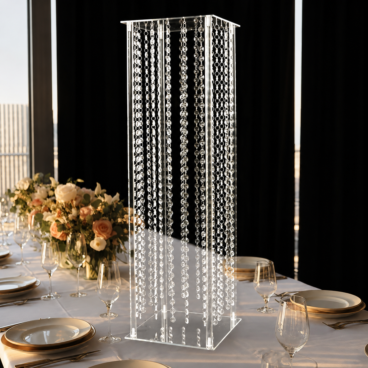 Acrylic Flower Pedestal Vase Pillar Stand with Crystal Beads Clear - Decorative Wedding Floor Centerpiece 32